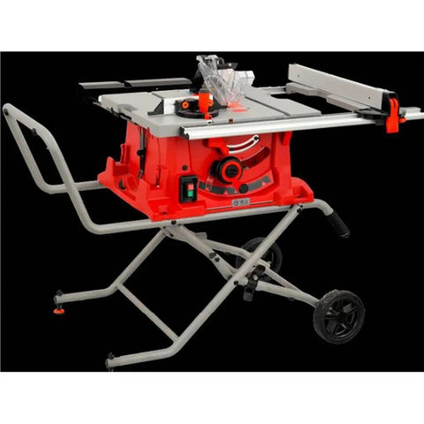 Heavy Duty 10 Inch Sliding Table Saw With 110V Motor And Quick Clamping Rip Fence offering precise height and angle adjustments with roller stand.