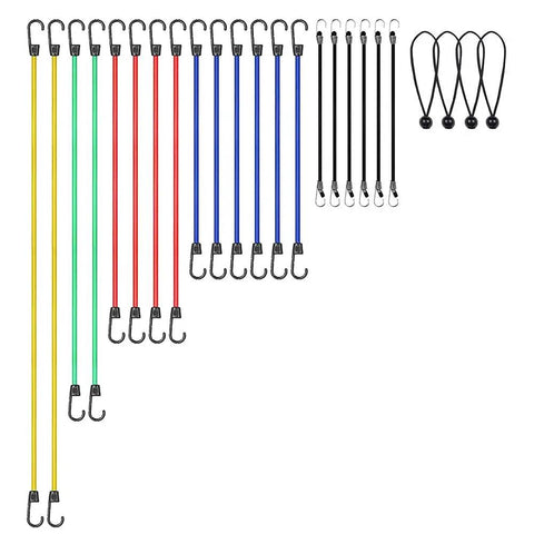 Heavy Duty Bungee Cord Set With Hooks In Jar, 25 Piece Latex Core Elastic Cords, Assorted Bright Colors and Sizes. Displayed on white.