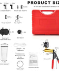 Shop Grade Handheld Vacuum Brake Bleeder Kit With Precision Pressure Gauge And Seven Universal Adapters For No Sweat Brake And Clutch Fluid Drainage Tough Canvas Case showing product dimensions and accessories layout.