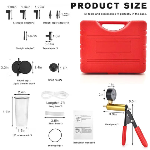Shop Grade Handheld Vacuum Brake Bleeder Kit With Precision Pressure Gauge And Seven Universal Adapters For No Sweat Brake And Clutch Fluid Drainage Tough Canvas Case showing product dimensions and accessories layout.