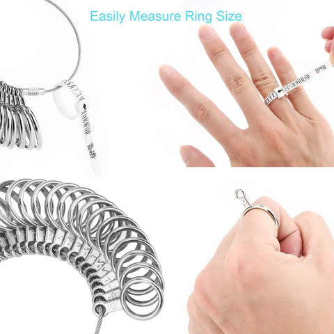 Ring Sizer Kit With 27 Stainless Steel Gauges US Size 0 To 13 Including Half Sizes Two Reusable Finger Belts One With Magnifier And Bonus Polishing Cloth For Men And Women Jewelry At Home on hand and gauge rings