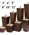 Set of wooden legs in various heights, including 2 inch square wood replacement sofa legs and bed feet set of 4 in dark brown finish.
