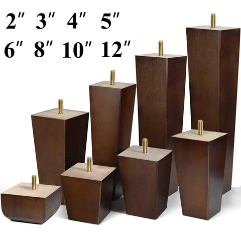 Set of wooden legs in various heights, including 2 inch square wood replacement sofa legs and bed feet set of 4 in dark brown finish.
