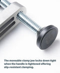Twin Bench Holdfast Clamps For Woodworking, 3/4 Inch Dog Hole Mount, 5 Inch Height, 360 Degree Adjustable, Instant Clamping, Bench Dog Clamp For MFT Tables, 2 Pack, close-up of threaded clamp screw