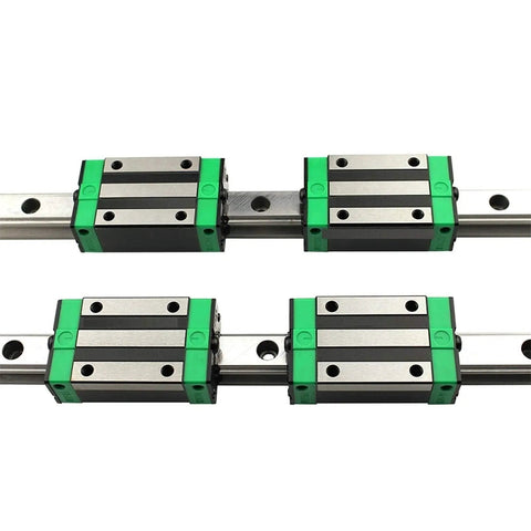Two Pack Linear Guide Rail Set 100 To 1100 mm With Four Carriages Slider Type HGH20CA HGW20CC For CNC Machines 3D Printers And Precision Rail Motion Systems Rock Solid Build For Dope Yet Professional Performance. stainless steel linear rail with four green carriage blocks