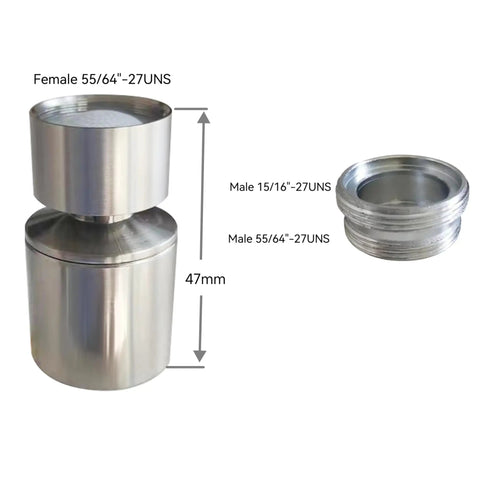 Total Game Changer Brushed Nickel Faucet Extender With 360 Degree Swivel And Dual Flow Spray Nozzle, Universal Splash Filter Attachment For Quick Kitchen Or Bathroom Setup dimensions and thread specifications.