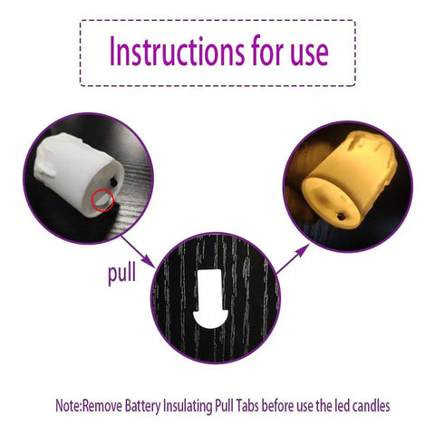 Instructions for use of Led Tea Lights Candles Battery Operated Flameless Votive Candles showing battery pull tab removal