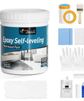 Epoxy Self-Leveling Waterbased Paint kit with brush, roller, gloves, and accessories for interior use.