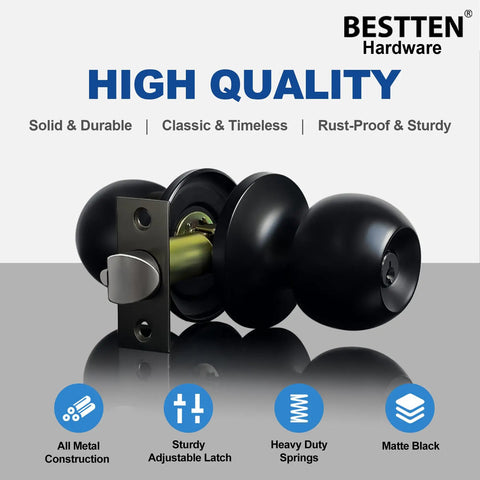 Keyed Entry Door Knob Set Heavy Duty Matte Black All Metal Lock Easy DIY Install Brass Mechanism 250000 Cycle Durability