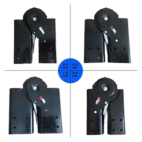 Badass Aluminum Locking Joint Hinge For Folding Ladders With Adjustable Angle Positioning And Secure Multifunction Buckle, shown in various angles.