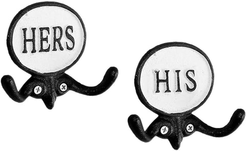 His And Hers Cast Iron Towel Hooks Set Of 2 For Wall Or Door Rustic Farmhouse Decor Dual Hooks Displayed Front View