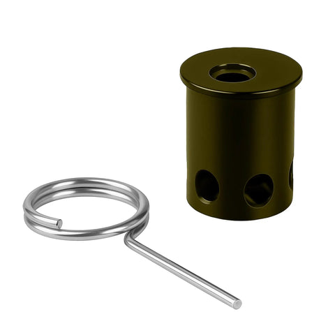 Olive Drab.22 Nailgun Blank Adapter For 12 Gauge Perimeter Trip Wire Alarms showing adapter and spring, outdoor use