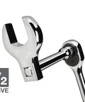 1/2 Inch Drive Jumbo Crowfoot Wrench Set, 14-Piece From 1-1/16 To 2 In, attached to a ratchet, showing heavy duty build.