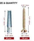60 Pack Hollow Wall Anchors With Screws For Concrete And Drywall Heavy Duty Steel Expansion Bolts Zinc plated, size details visible.