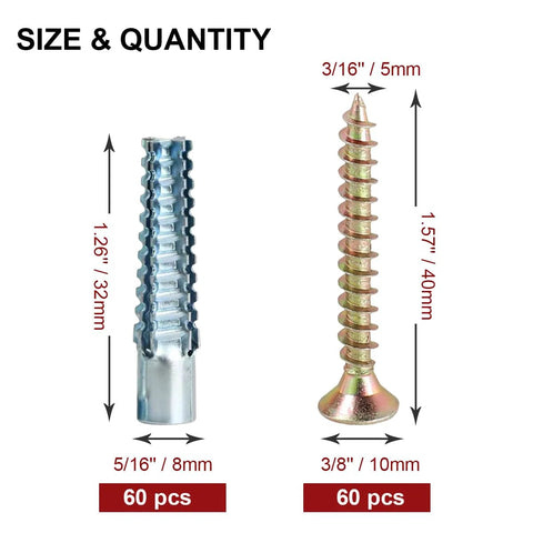 60 Pack Hollow Wall Anchors With Screws For Concrete And Drywall Heavy Duty Steel Expansion Bolts Zinc plated, size details visible.