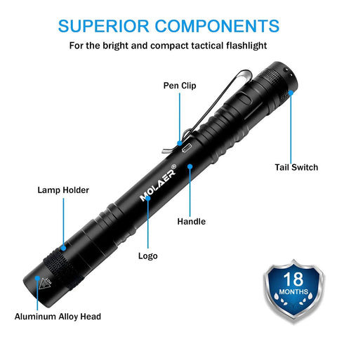 Ultra Bright Pen Light Flashlight 2 Pack With Clip, Pocket Sized LED Penlight with lamp holder, aluminum alloy head, tail switch