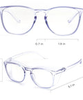 All Day Comfort Anti Fog Safety Glasses With Side Shields For Lab Work And Medical PPE UV Protection Anti Blue Light Lenses Snug Fit Goggles, clear front and side view with dimensions