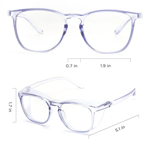 All Day Comfort Anti Fog Safety Glasses With Side Shields For Lab Work And Medical PPE UV Protection Anti Blue Light Lenses Snug Fit Goggles, clear front and side view with dimensions