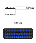 Top view of Socket Boss Multi Drive Organizer Tray With 13 Inch Rails Blue For Automotive Techs Pro Grade Socket Storage That Fits In Drawer Or On The Go Keeps Sockets Tight And Clutter Free Made In USA with dimensions displayed.