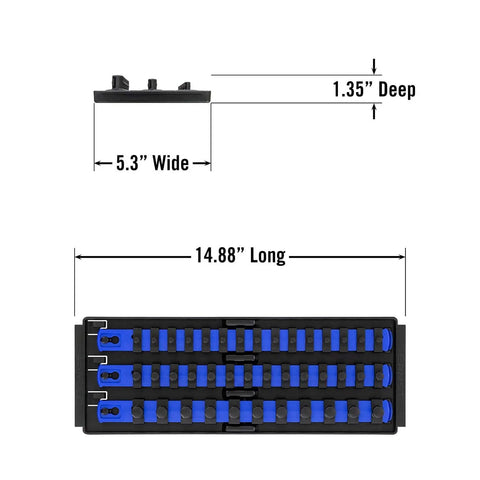 Top view of Socket Boss Multi Drive Organizer Tray With 13 Inch Rails Blue For Automotive Techs Pro Grade Socket Storage That Fits In Drawer Or On The Go Keeps Sockets Tight And Clutter Free Made In USA with dimensions displayed.