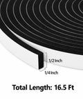 Heavy Duty Single Sided Foam Weather Stripping Tape 1/2 Inch Wide 1/4 Inch Thick 16.5 Feet Long rolled with measurements shown.