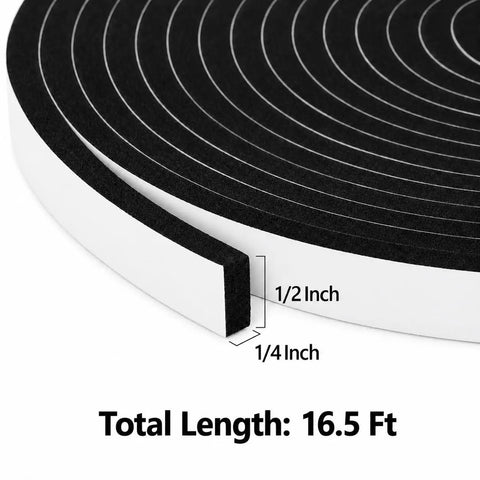 Heavy Duty Single Sided Foam Weather Stripping Tape 1/2 Inch Wide 1/4 Inch Thick 16.5 Feet Long rolled with measurements shown.