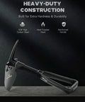 Mini Folding Shovel In High Carbon Steel with heavy-duty design, showing heat-treated head and reinforced handle on display.