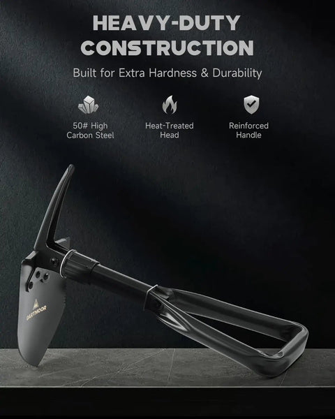 Mini Folding Shovel In High Carbon Steel with heavy-duty design, showing heat-treated head and reinforced handle on display.