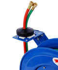 Close-up of Retractable Welding Hose Reel With One Quarter Inch By 50 Foot Twin Oxygen Acetylene Hoses Heavy Duty Industrial Steel Build