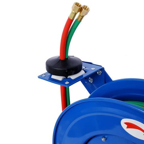 Close-up of Retractable Welding Hose Reel With One Quarter Inch By 50 Foot Twin Oxygen Acetylene Hoses Heavy Duty Industrial Steel Build