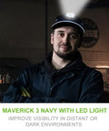 Man wearing Bump Cap With LED Headlamp, Lightweight Breathable Safety Hat For Men And Women, USB Rechargeable Cap Light