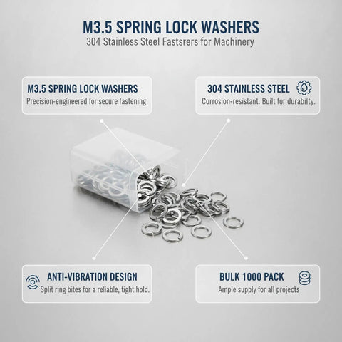 M3.5 Spring Lock Washers 304 Stainless Steel Split Ring Fasteners for Machinery and Automotive Repair, 1000 pack in box