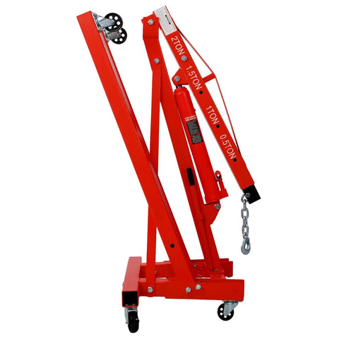 Badass Two Ton Folding Hydraulic Engine Hoist Cherry Picker Shop Crane Heavy Duty Steel Lifter with adjustable boom at side view.
