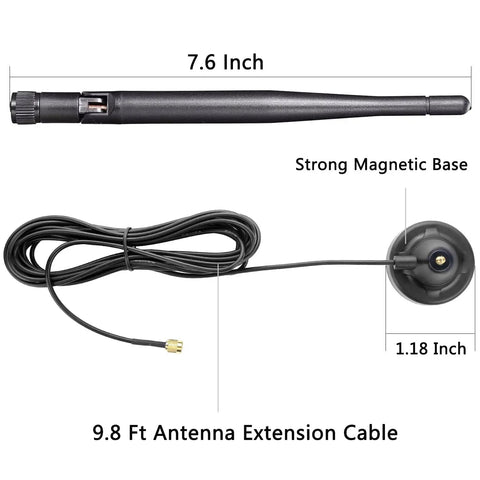 6 Dbi Antenna With 9.8 Ft Extension Cable SMA Male Connector Magnetic Base Wireless WiFi Booster Antenna shown with cable and base