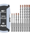 Front view of Narwhal SDS Plus rotary hammer drill bit set, 10-piece carbide-tipped bits (1/8–1/2 in) in gray-blue case