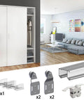 Sliding Closet Door Hardware Kit With 47 Inch Double Track For Two Bypass Doors Up To 100 Lbs Per Door Ceiling Mounted Top Hung Track Cut To Fit Five Eighths To One And A Half Inch Doors In Silver Finish, showing components including track and brackets.