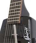 Spirit GT Pro Deluxe Black Electric Guitar With Gig Bag Maple Body Locking Tremolo R Trem System Humbucker Neck Pickup And Single Coil Middle Pickup Lightweight Built For Stage Ready Studio And Street Jams close-up of black headless body and neck