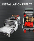 One Tenth Scale RC Crawler Roof Accessories Kit with luggage net, oil drum, wood box, fuel tank installed on TRX4 model