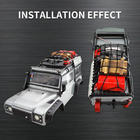 One Tenth Scale RC Crawler Roof Accessories Kit with luggage net, oil drum, wood box, fuel tank installed on TRX4 model