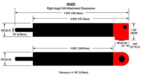 Dimensions diagram of Right Angle Drill Attachment Kit For Tight Spaces, 90 Degree Adapter showing measurements and tolerances.