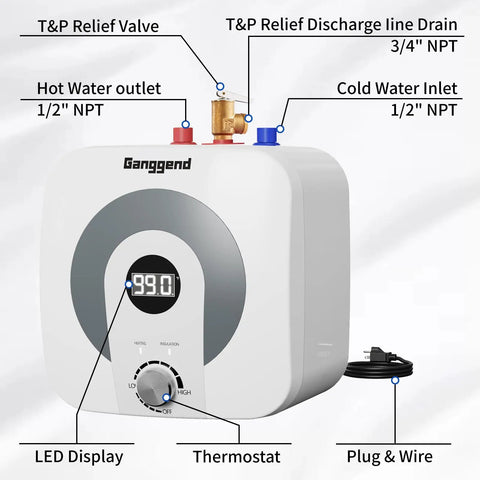 Game Changer 4 Gallon Electric Mini Tank Water Heater With Sleek Digital Display And 1500W Fast Turnaround Heating showing LED display, thermostat, and connections.