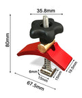 2 Pack Aluminum T-Track Hold-Down Clamps for CNC Router Tables and Masuter Series, red clamp, dimensions labeled