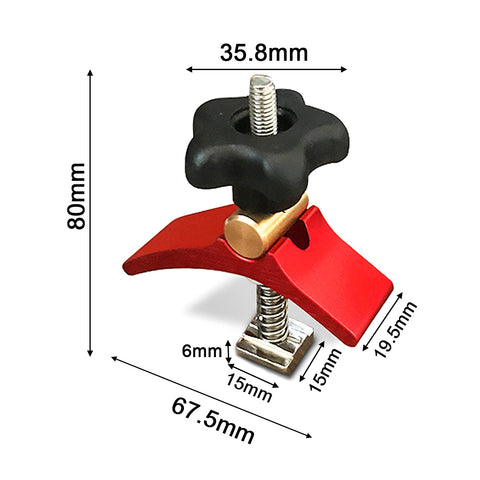 2 Pack Aluminum T-Track Hold-Down Clamps for CNC Router Tables and Masuter Series, red clamp, dimensions labeled