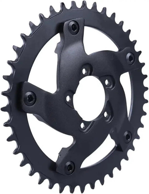 Close-up of Mid Drive Chainring Set For BBS01 BBS02 BBSHD, 44T And 46T Chainring With Offset Sprocket, black metal.
