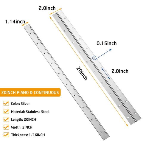 20 Inch Stainless Steel Piano Hinges 2 Pack 0.060 Thick Heavy Duty Top Shelf Hardware Pre Drilled Quick Install image with measurements.