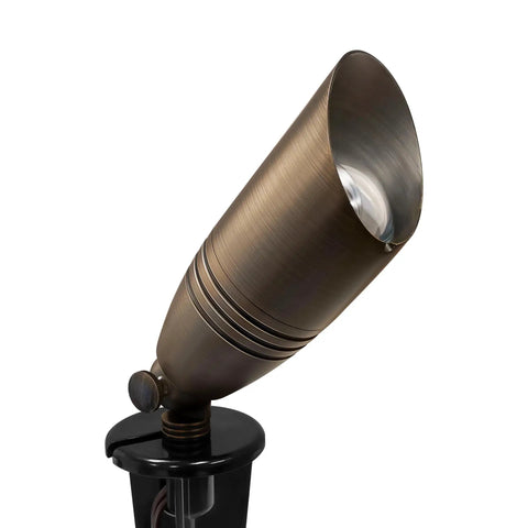 Beefy Solid Brass Landscape Spotlight With 5W MR16 LED Bulb, Low Voltage Outdoor Uplight, Wet Location Rated, Die Cast Brass Housing With Glare Guard, Clear Lens, Rugged Spike Stake For Garden Patio Lighting, 12V AC DC featured in side view angle showing the die-cast brass and glare guard.