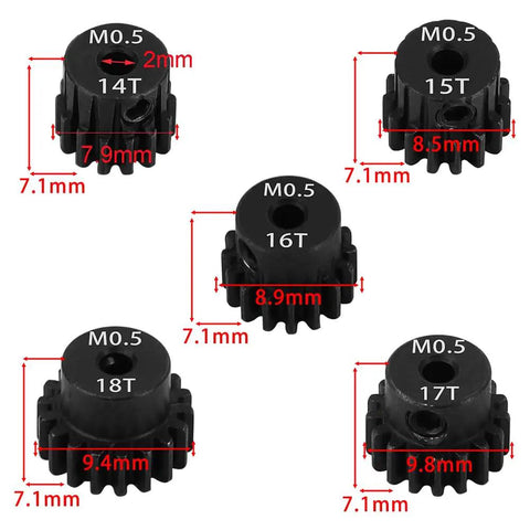 0.5M Pinion Gear Set For 1 By 24 And 1 By 28 RC Cars And Trucks 2Mm Shaft Hardened Steel 14T 15T 16T 17T 18T displayed