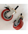 Heavy Duty Threaded Stem Casters With M20 Locking Swivel Wheels For Trolleys And Workshop Gear Smooth Silent Roll Pack Of Four PU units with red wheels.