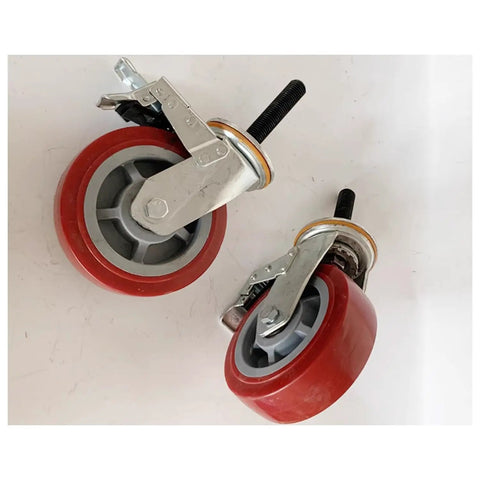 Heavy Duty Threaded Stem Casters With M20 Locking Swivel Wheels For Trolleys And Workshop Gear Smooth Silent Roll Pack Of Four PU units with red wheels.
