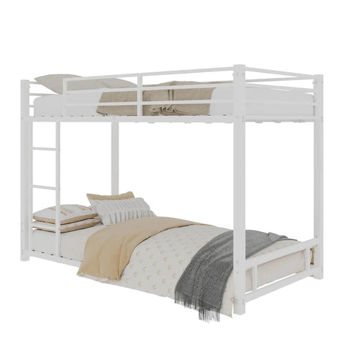 Metal Twin Over Twin Bunk Bed With Noise Reduction Durable Steel Frame Rust Resistant White Finish Safe Guard Rails Split Into Two Beds